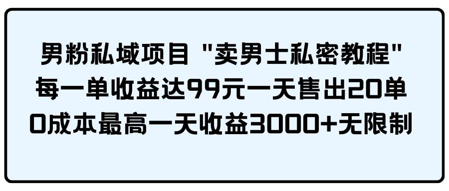 男粉私域项目 卖男士私密教程 每一单收益达99元一天售出20单-启创网